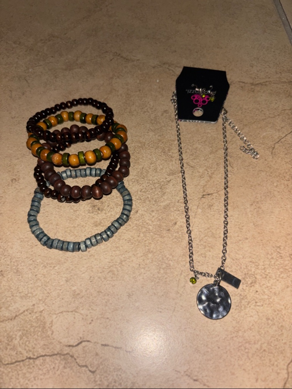 Stackable Wood Bead Bracelets with and Silver Pendant earrings Necklace Set